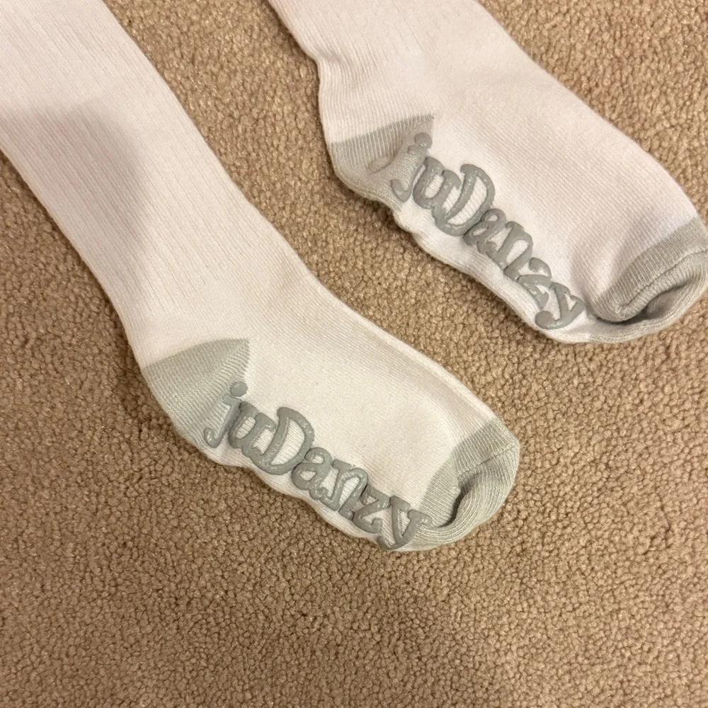 Danzy White and Gray Athletic Socks. Long socks. Written both sides. EUC